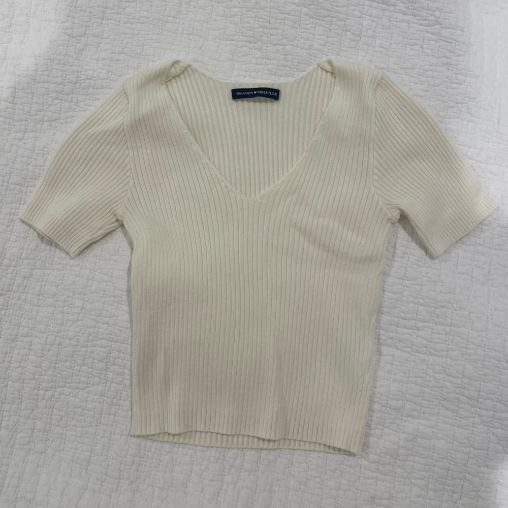 Brandy Melville 
Cream Ribbed V-Neck Short Sleeve Top